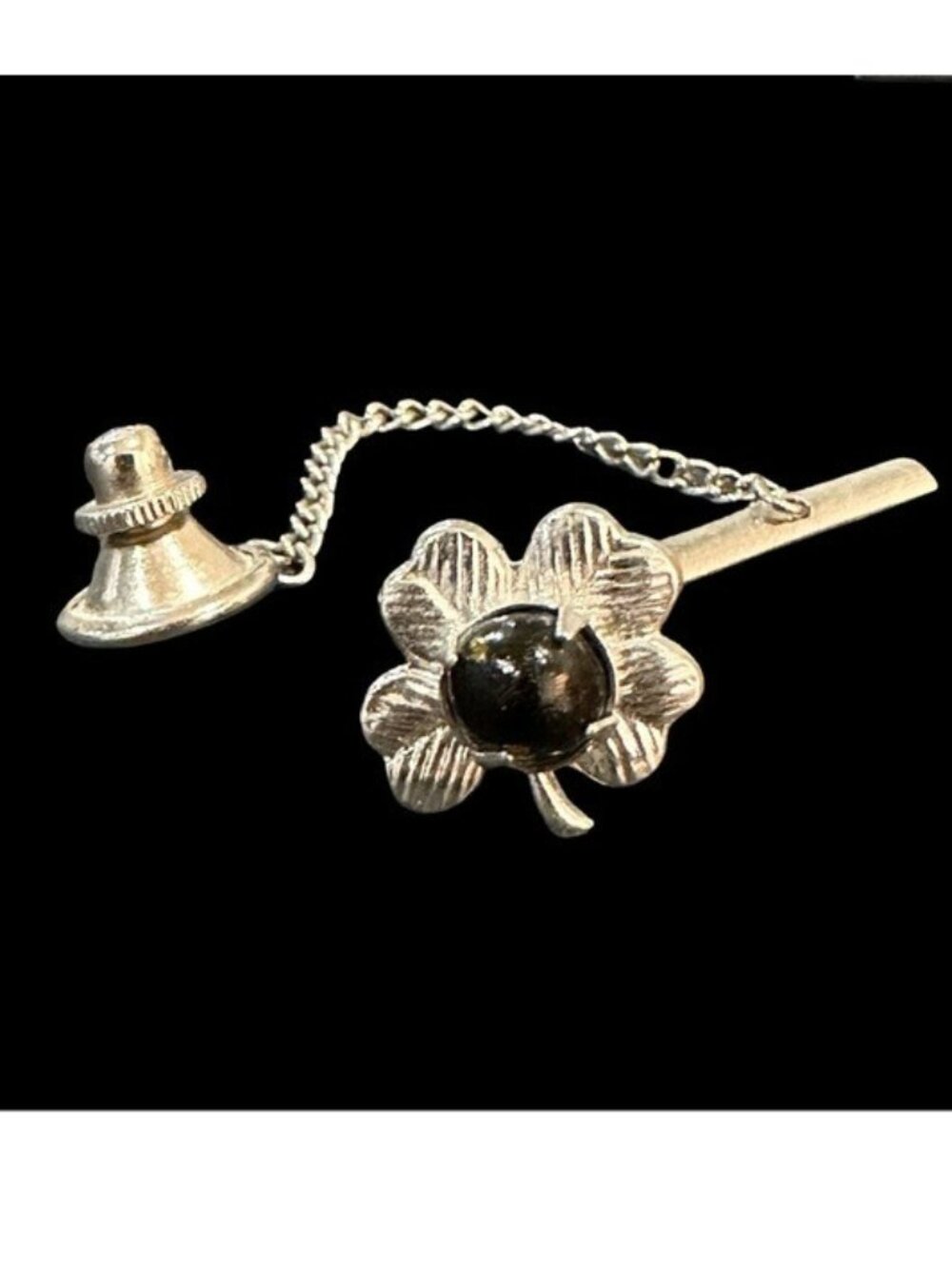 Four Leaf Clover Vintage Tie Tack Silver Tone Black Mens Accessories